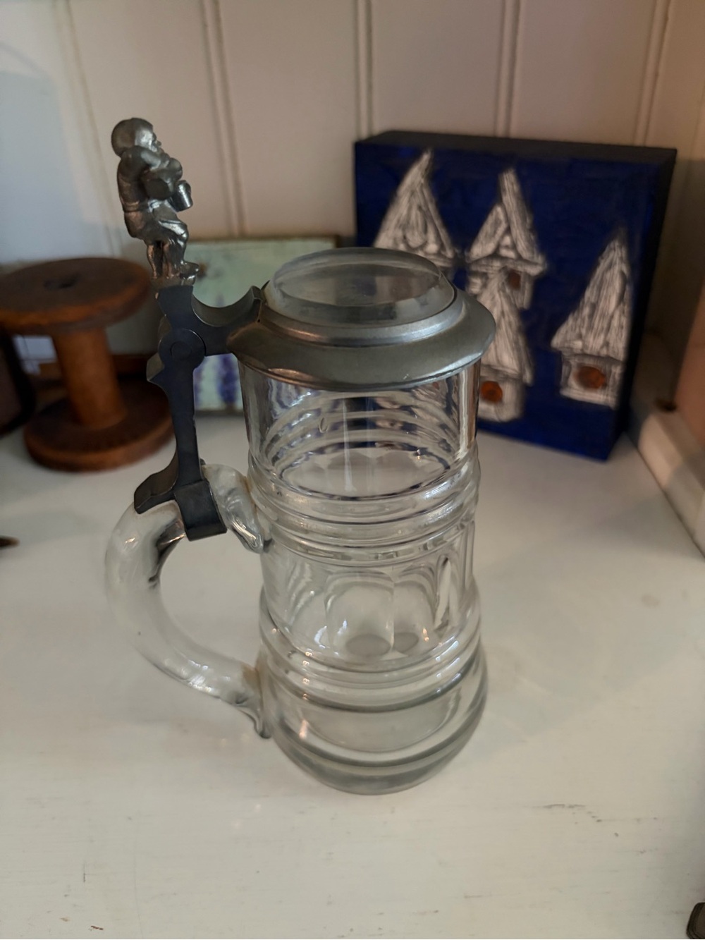 German Glass Beer Stein with Pewter Lid - Clear